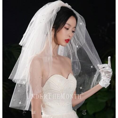 Wholesale Bead & Glitter Lace Bridal Veil Pearl Shoulder Lenght Wedding Dress Veil