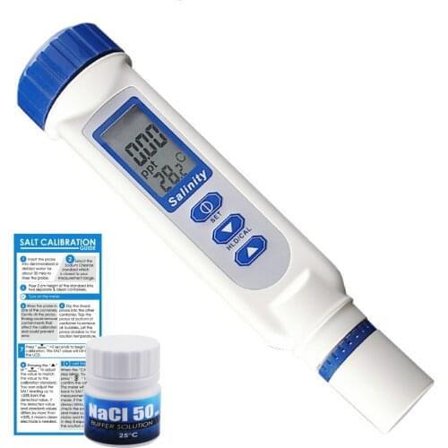 Pen Type Salinity & Temperature Meter ATC NaCl w/ Calibration Solution Set 70.0ppt for Saltwater Aquarium Hydroponics Food