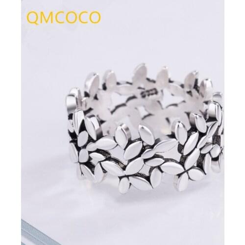 QMCOCO Vintage 925 Silver Of Leaf Rings For Women Fashion Statement Jewelry Adjustable Finger Ring Girls Gifts