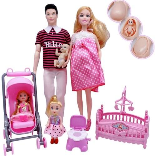5-person family combination = 11.5" male doll father/pregnant mother/baby doll stroller crib children’s toy best birthday gift