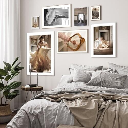 Nordic Fashion Palace Architecture Golden Wall Decor Painting Wedding Dress Canvas Posters Art Print Pictures Bedroom Home Decor