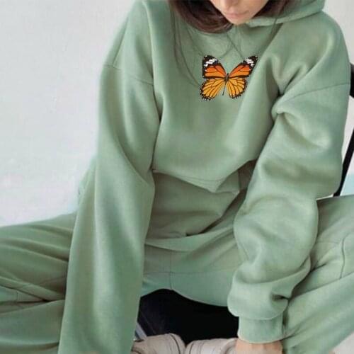 Butterfly Print Tracksuit Womens Set Streetwear Fleece Oversized Hoodie Pants Set Female Spring Autumn Sports Suit For Women