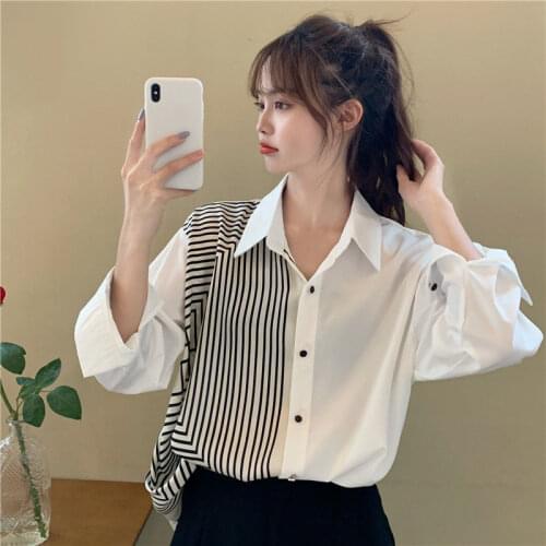 Women Blouse Summer Irregular Striped Stitching Loose Long Sleeve Shirt Top Womens Clothing Blusas Ropa De Mujer