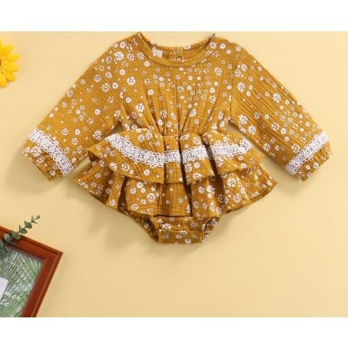 FOCUSNORM 0-3Y Newborn Baby Girls Jumpsuits Autumn Outfits Flowers Printed Ruffles Long Sleeve Dress Jumpsuits