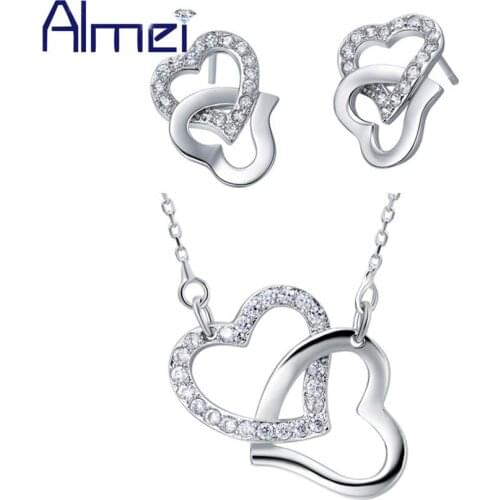 Almei Heart in heart Pendant Necklaces Earrings Sets for Women Silve Necklace Girls Fashion Crystal Rhinestone Jewelry Set T287