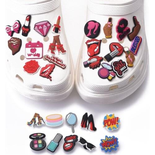 1 Pcs 2021 New Designer Women Croc Shoes Charms Girl Power Accessories Beauty Lipstick Queen Clog Shoes Make Up Pink Decoration