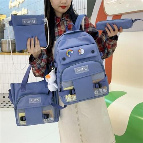 4 Pcs Sets Cute Backpack Canvas School Bags For Teenage Girls College Student Fashion Book Badge School Backpack Shopping Bag