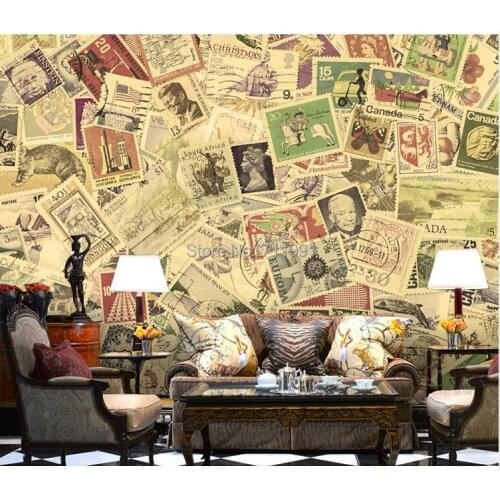 Free shipping custom 3D wallpaper murals bar KTV personality Coffee hall wallpaper retro philately stamps of the world