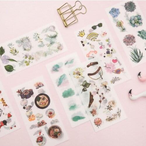 6pcs Travel Animal Coffee Plant Hand-painted Decorative Journal Diary Paper Flower Plant Stickers Scrapbooking Flakes Stationery