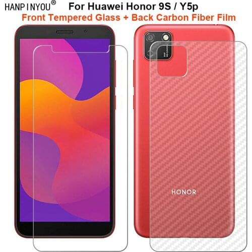 For Huawei Honor 9S / Y5p 1 Set = Soft Back Carbon Fiber Film + Ultra Thin Clear Premium Tempered Glass Front Screen Protector