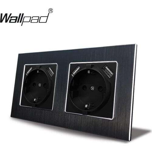 Metal Double EU Socket with USB 156*86mm Black Brushed Aluminum 16A Outlet 5.1DC 2.1A USB For EU Box Wallpad