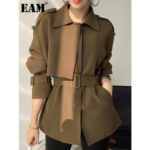 [EAM] Women Brown Stitch Big Size Trench New Lapel Long Sleeve Loose Fit Windbreaker Fashion Tide Spring Autumn 2021 1DB309