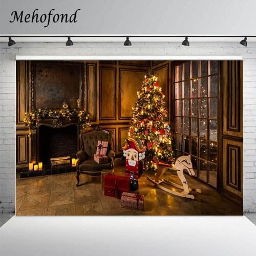 Mehofond Glitter Christmas Tree Photography Backdrops Interior Corner Old Wall Window Fireplace Children Background Photo Studio