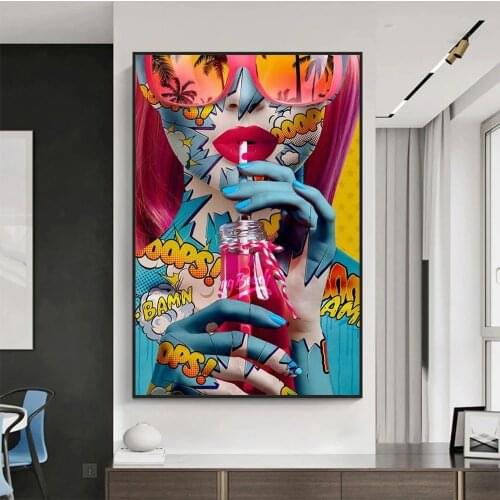 Sexy Woman Canvas Paintings Graffiti Street Art Drinking Girl Posters Wall Art Pictures for Living Room Bedroom Home Decor