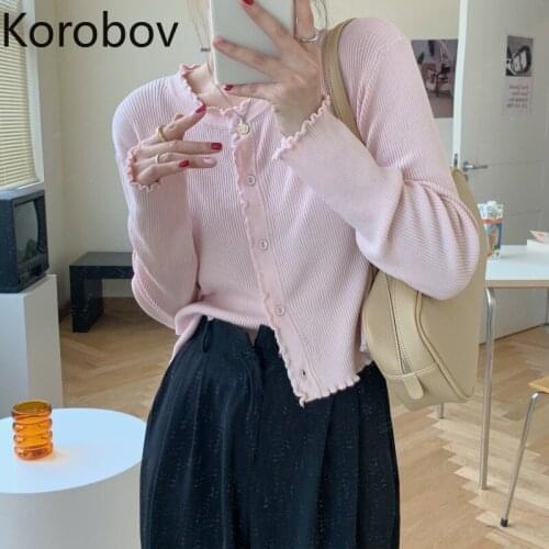 Korobov Korean Sweet O Necklong Sleeve Women Cardigans Vintage Chic Cropped Sweaters 2021 New Chic Autumn Sueter Mujer