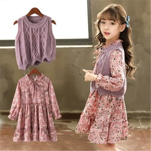 Girls Suit 2018 Baby Sweater Set Children Autumn Dress Set Kids Floral Dress Girl Suit Cotton Sweaters and Chiffon Dress 3-8Y