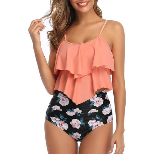 Swimsuit for Women Two Piece Double Flounce top with High Waisted Ruched Bottom Tankini Set Swimwear Bathing Suit Plus Size