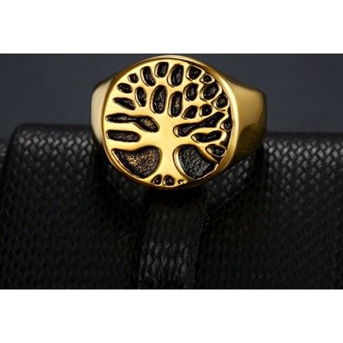 Megin D Vintage Simple Style Tree of Life Leaves Carve Titanium Steel Rings Fo Men Women Couple Friend Family Fashion Gift