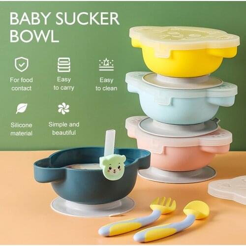 Baby Bowl Silicone Suction Cup Dining Bowl with Lid Baby Feeding Bowl Dinnerware Set Bown and Spoon Fork Straw Training Dishes