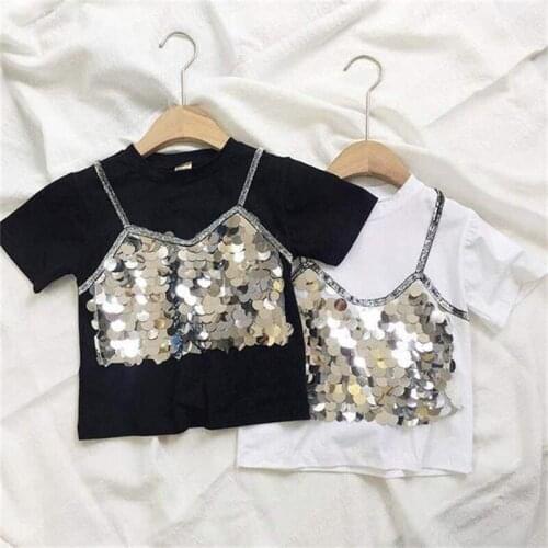 2-8Y Baby Girls Short-sleeved Sequined T-shirt for Childrens Kids Summer Clothing