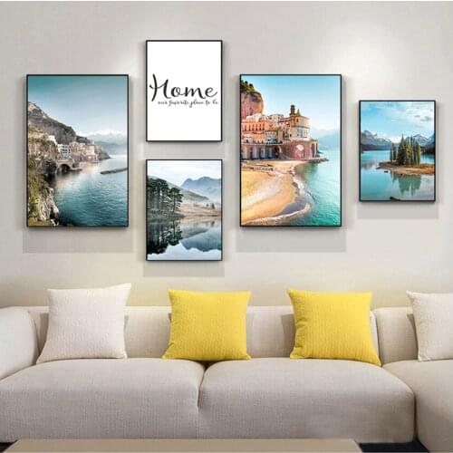 Cityscape Print Wall Art Canvas Painting Mountain Lake Reflection Picture Nature Scandinavian Nordic Decoration Coastline