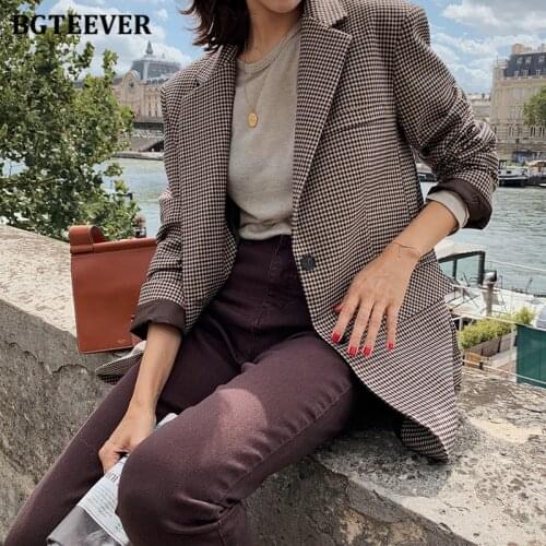 BGTEEVER Vintage Single-breasted Plaid Suit Jacket Women Full Sleeve Loose Female Blazer Streetwear 2020 Autumn Winter Jackets