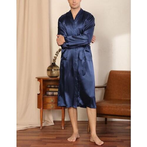 Men Fashion Solid Color Spring And Autumn Long Sleeve Bandage Home Pajamas Cardigan Nightgown Loose Large Size Glossy Bathrobe