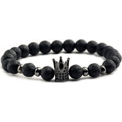 Hot Lava Stone Diffuser Bracelet Pave CZ Imperial Crown Helmet Charm Bracelets for Men Or Women Elastic Beaded Bracelet Jewelry