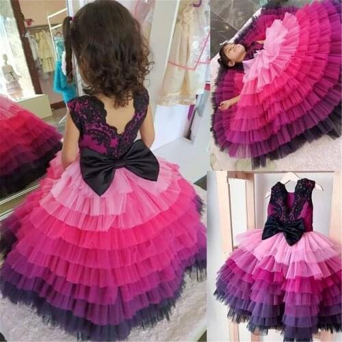 Princess Purples Pink Puffy Girls Birthday Dresses Ball Gowns Backless Bow Back Girls First Birthday Celebration Dresses Custom