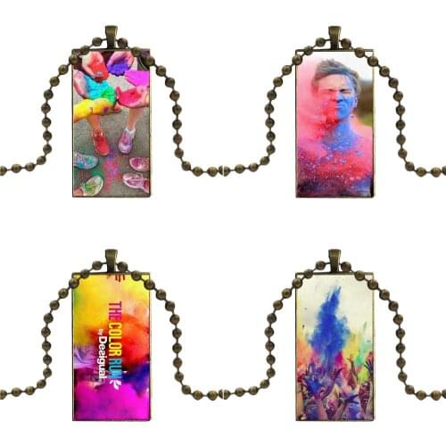 Run In The Color Run Race Rainbow For Girls Necklace Fashion Long Chain With Rectangle Necklace Jewelry