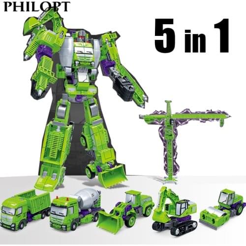 Transformation Robot Toy 5 in 1 Engineering Vehicle Model Educational Assembling Deformation Action Figure Car Toy for Children
