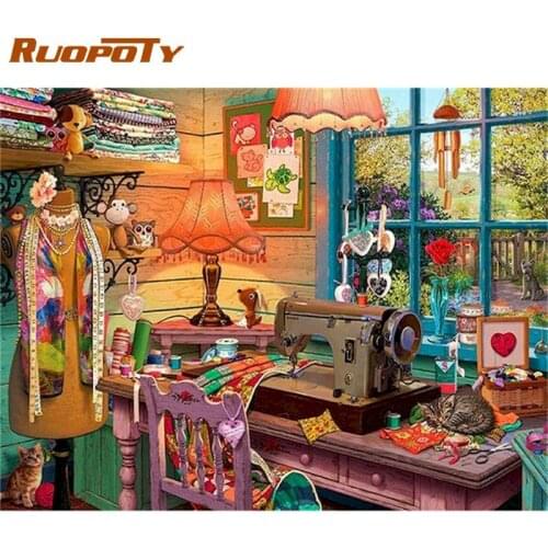 RUOPOTY Painting By Numbers 40x50cm Frame Sewing Machine Scenery Oil Paint HanPainted Drawing On Canvas Modern Home Artwork