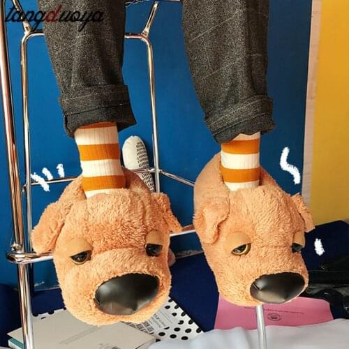 Cute Cartton Dog Unisex Winter Indoor Slippers Cotton Shoes Women Men Slip On Lazy Home Shoes Lovers Couple Floor Shoes