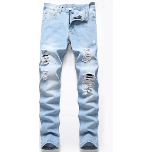 Loose Mens Ripped Jeans Streetwear Casual Hole Stretch Denim Pants Big Size Holes Male Straight Trousers