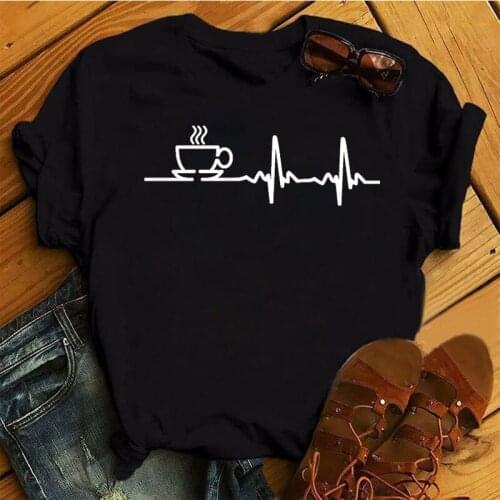 Coffee Heartbeat Printed T Shirt Women New Fashion T Shirt Female Ladies Cute Graphic Tee Shirts Women Black T-shirt White Tops
