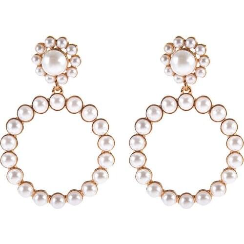 Women's Trendy Crystal Round Pendant Drop Earrings For Women Wedding Earring Fashion Pearl Charm Statement Female Jewelry