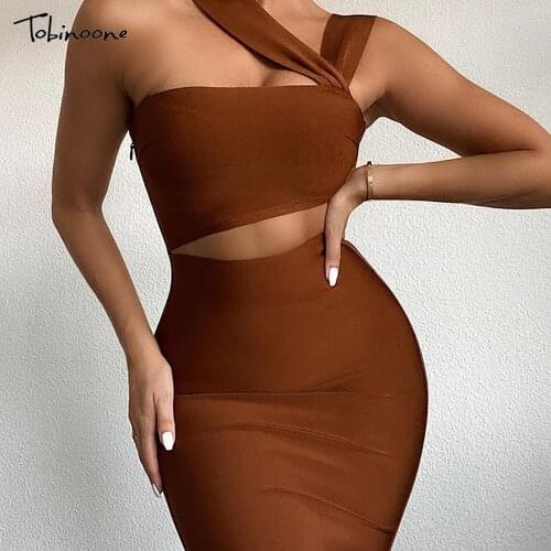 Tobinoone Hollow Out Irregular Neck Solid Midi Dress High Waist Bodycon Sexy Dresses For Women 2021 Blackless Slim Summer Robes