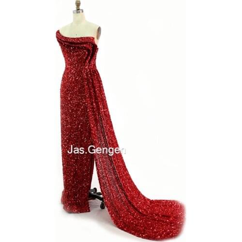 New Sparkle Sequins robe de soirée Evening Dresses 2020 Sexy One Shoulder Pleats with Ribbon Prom Gowns