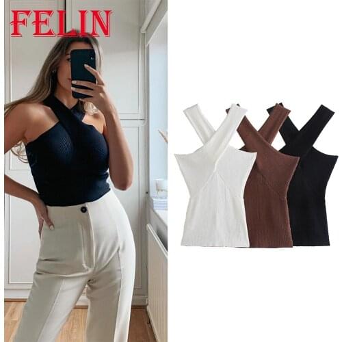 FELIN 2021 New Fashion Women Summer Solid Vest Sleeveless Shirt Muje Cross-Shoulder Knitted Tops Casual Blouses