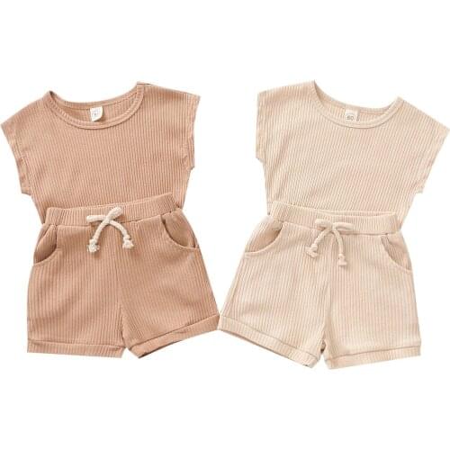 2021 New Kids Baby 2-piece Outfit Set Solid Color Top and Pocket Shorts Set for Children Boys Girls