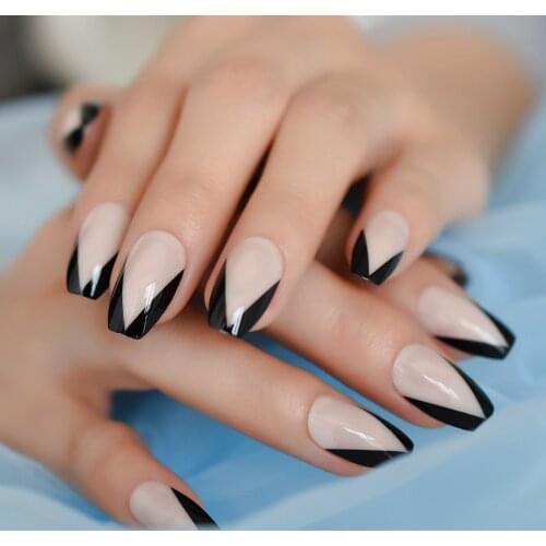 French Triangle Shiny Nail Art Design Black Border Coffin Nail Nude Natural Daily Ballerina Nails 24Pcs