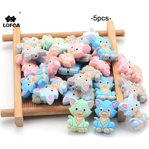 LOFCA 5pcs Cat Silicone Beads BPA Free Food Grade Baby Animal silicone teething Beads Toys Baby Care Pacifier Chain Gift DIY