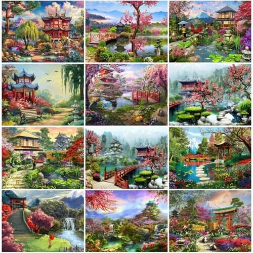 5D DIY Diamond Painting House Diamond Embroidery Cherry Blossoms Landscape Cross Stitch Rhinestone Picture Home Decoration