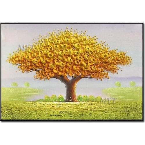A Big Tree With Golden Flowers On The Green Grass 100% Handpainted Paintings Wall Art Home Decor Picture Modern Oil Painting