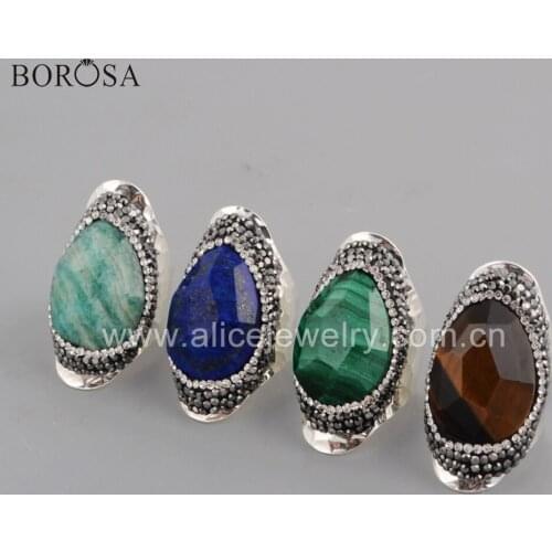 BOROSA 4pcs Teardrop Multi-kind Faceted Stone Silver Color Ring Wholesale Natural Malachite Lapis Jewelry JAB956-2
