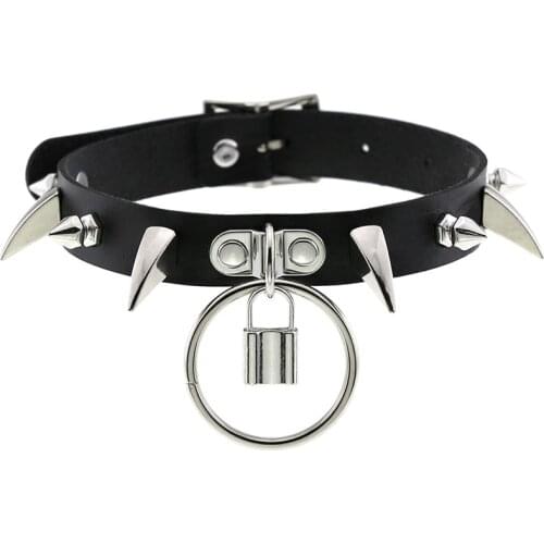 Black Choker With Spikes Collar Women Man Leather Necklace Circle Jewelry Punk Chocker Aesthetic lock Gothic Accessories