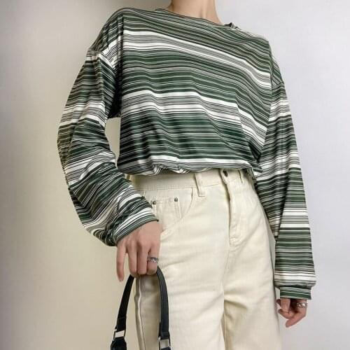 Oversized High Street Stripe T-shirt long sleeves vintage style All-match fashion Unisex clothes Japanese Streetwear