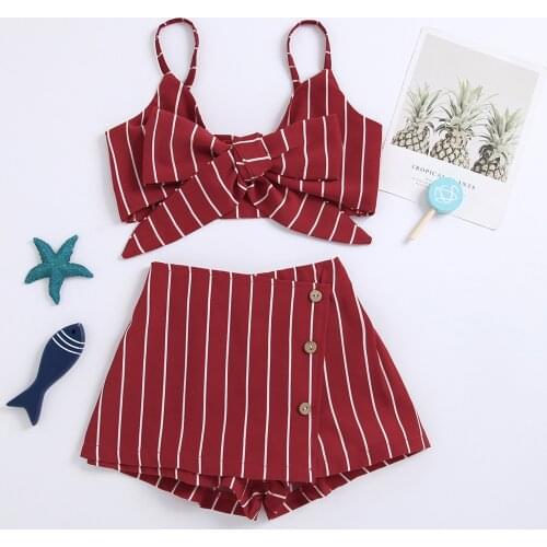 1-7Years Children Girls Clothes Set 2021 Summer Stripe Sleeveless V Neck Bow Crop Tops + Skirt Shorts Casual Kids Baby Clothes