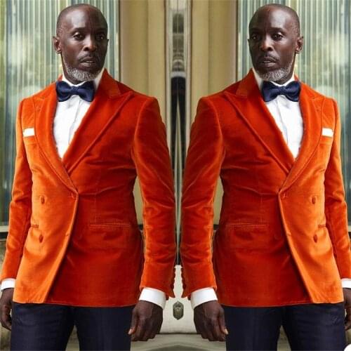 Orange Velvet Jacket+Black Pants Costume Homme Peak Lapel Men Suits Groom Tuxedos Wedding Terno Masculino Slim Fit 2 Pieces