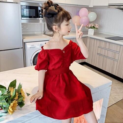 Girls Dress Summer Cotton Teenager Dresses Kids Party Clothes Shoulderless Children Clothing Kids Pleated Dress for Girls 4-14Y